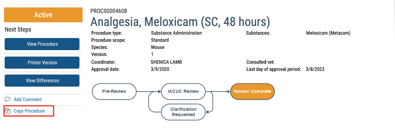 Screenshot showing how to Copy Procedure