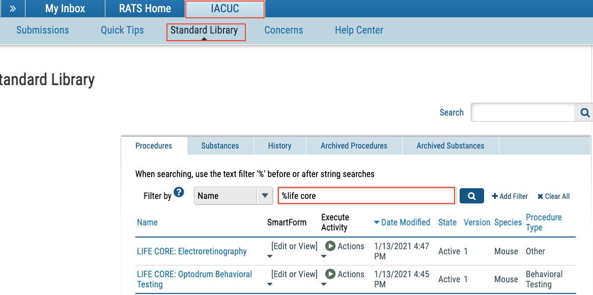 Screenshot of LIFE Core standard procedures